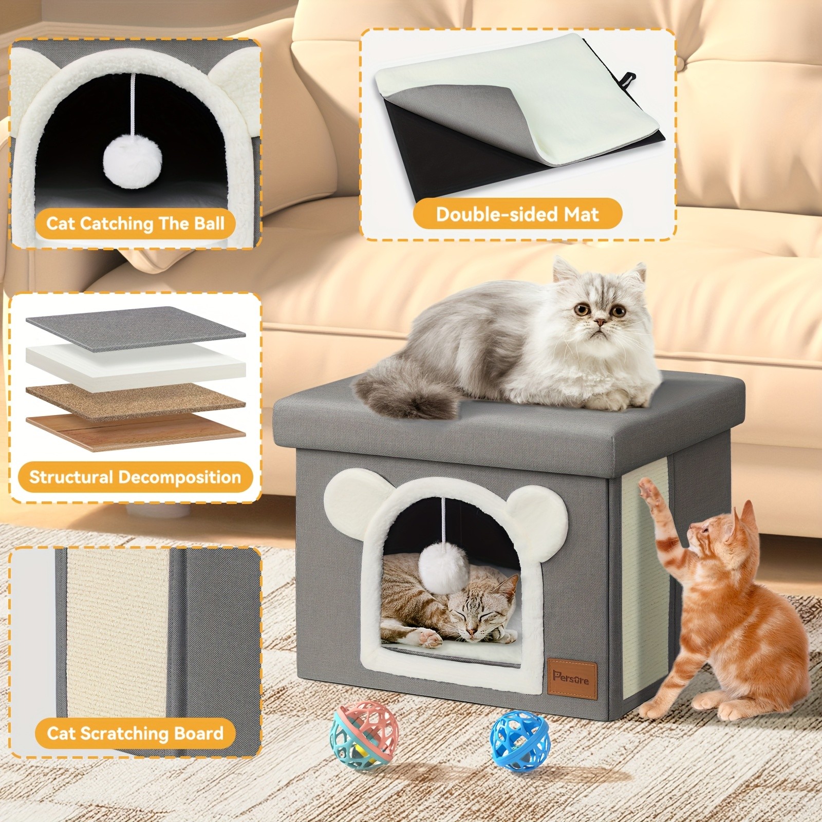 Interactive Indoor Cat Cube House With Lid Cute Cave Bed Condo Scratch Pad&Ball