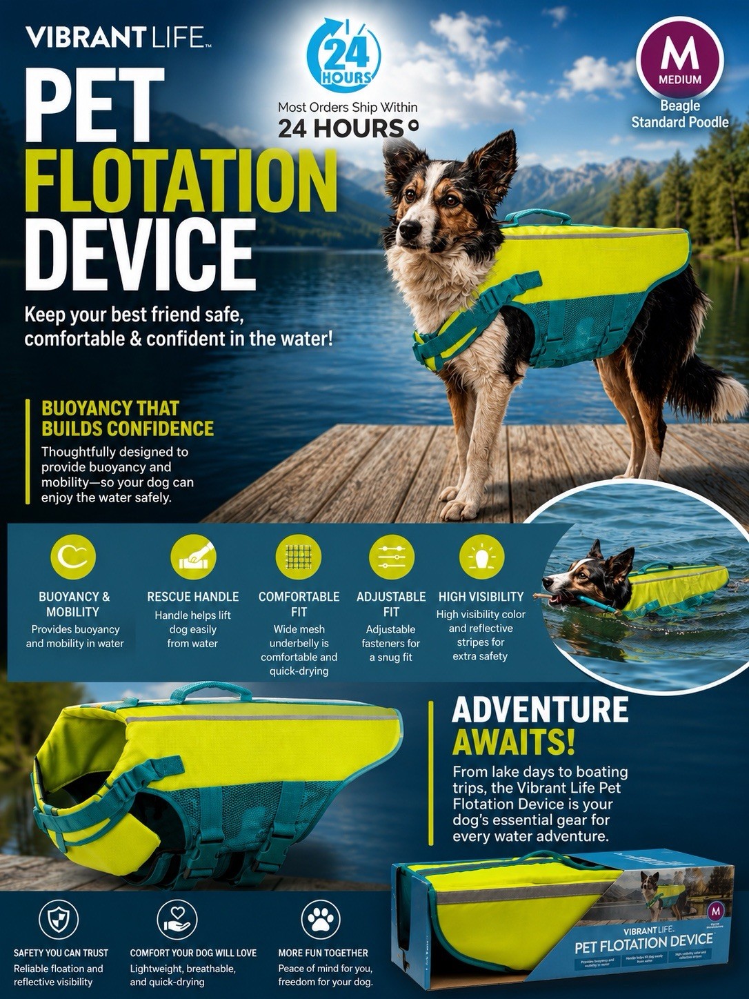 Vibrant Life Pet Flotation Device Dog Life Jacket Medium M High Visibility New