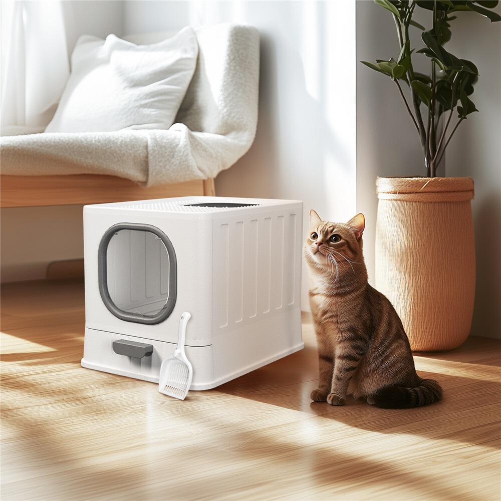 Corner Cat Litter Box with Lid Fully Enclosed Anti-Splashing Cat Kitty Litter