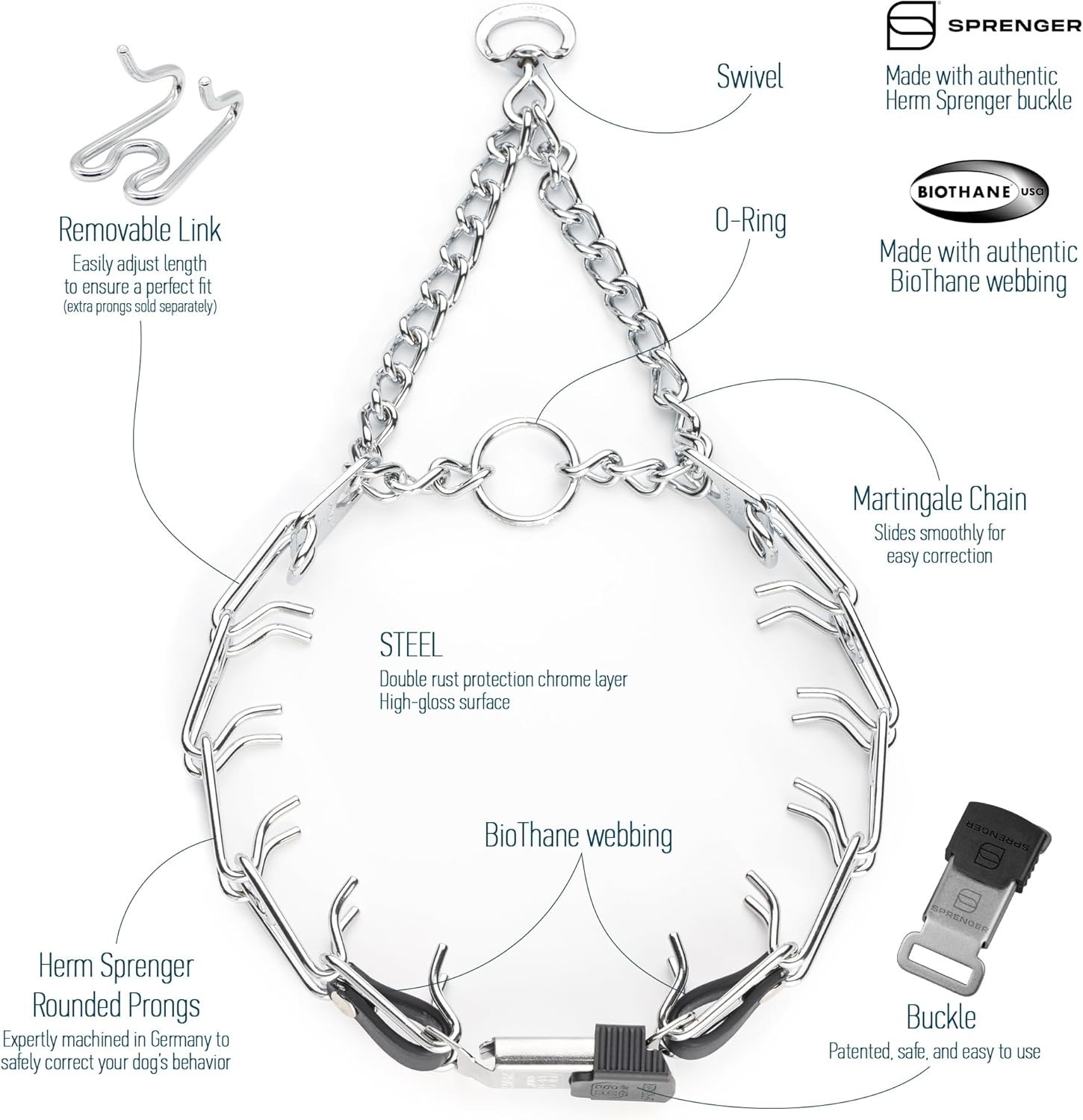 Used-Herm Sprenger Chrome Plated Steel Dog Collar w/Buckle & Biothane Insert