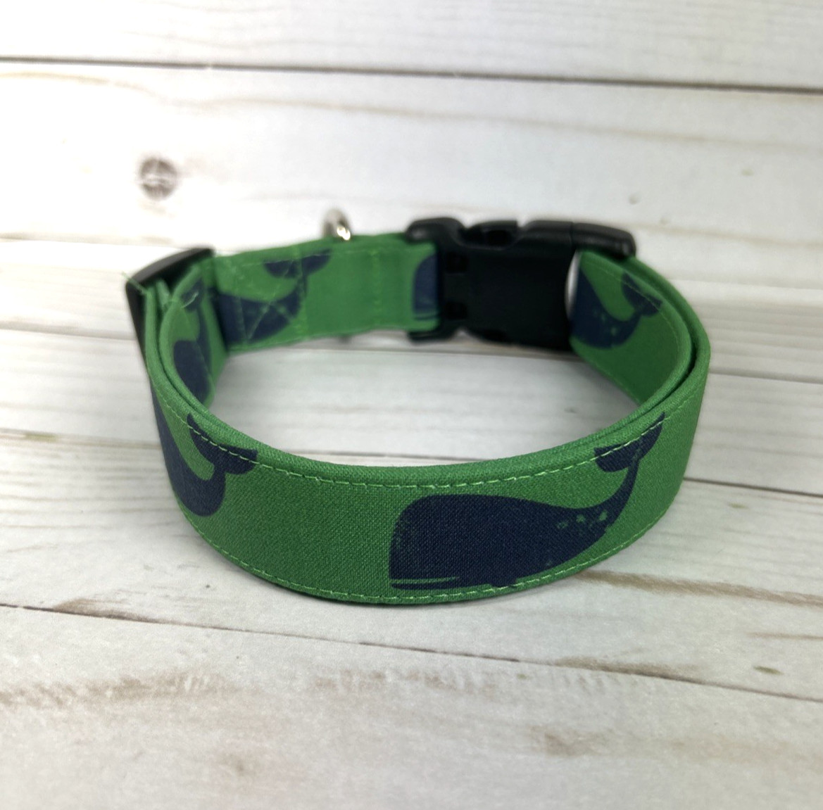 Navy Whales Green fabric Terri’s Dog Collar handmade adjustable beach nautical