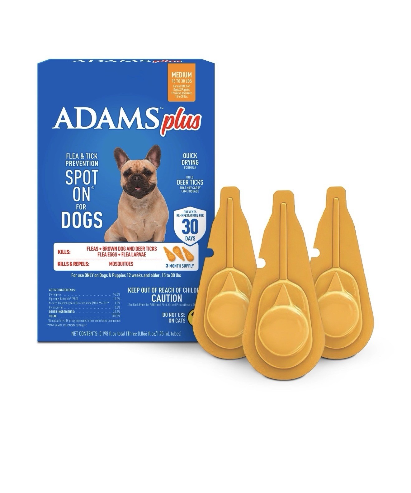 Adams Plus Flea & Tick Spot On 3 Doses 30 Day Prevention Medium Dog 15-30lbs NEW
