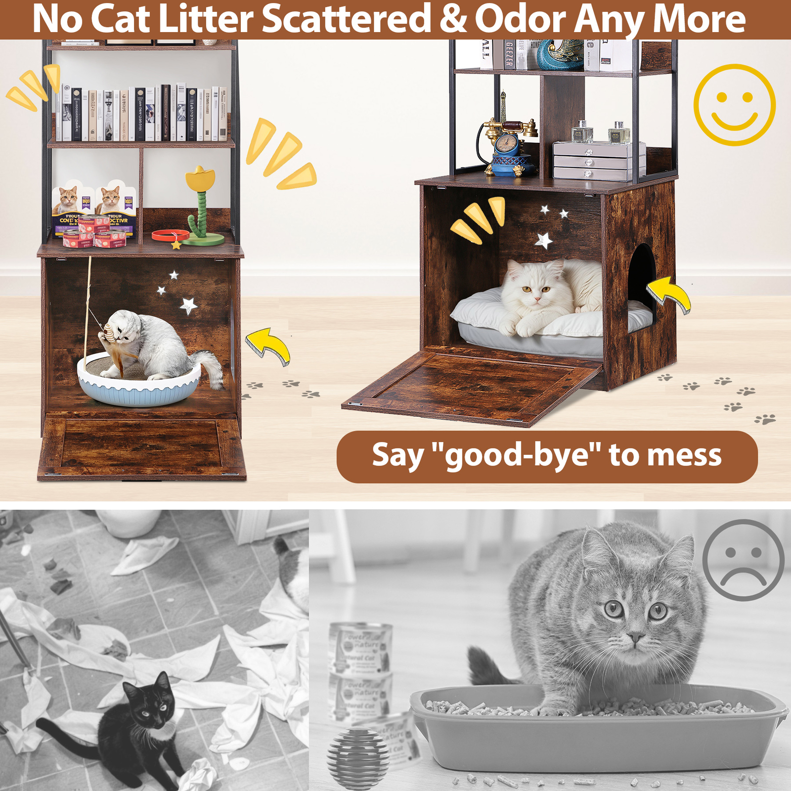50″ Cat Litter Box Enclosure w/ Shelves 2-in-1 Hidden Litter Box Furniture Brown