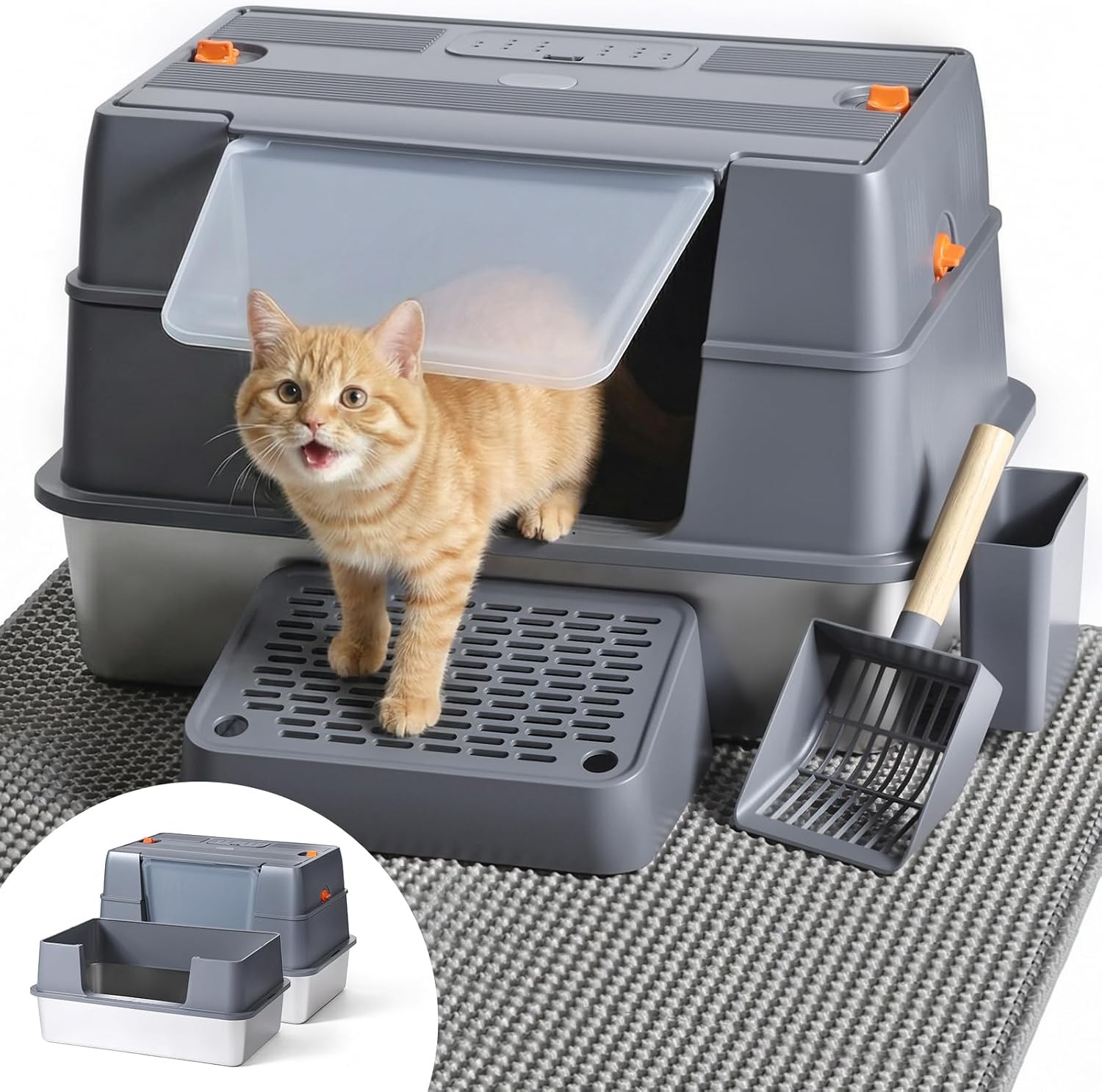 Stainless Steel Cat Litter Box W/ High Sided Lid Metal Kitty Litter Box W/ Scoop