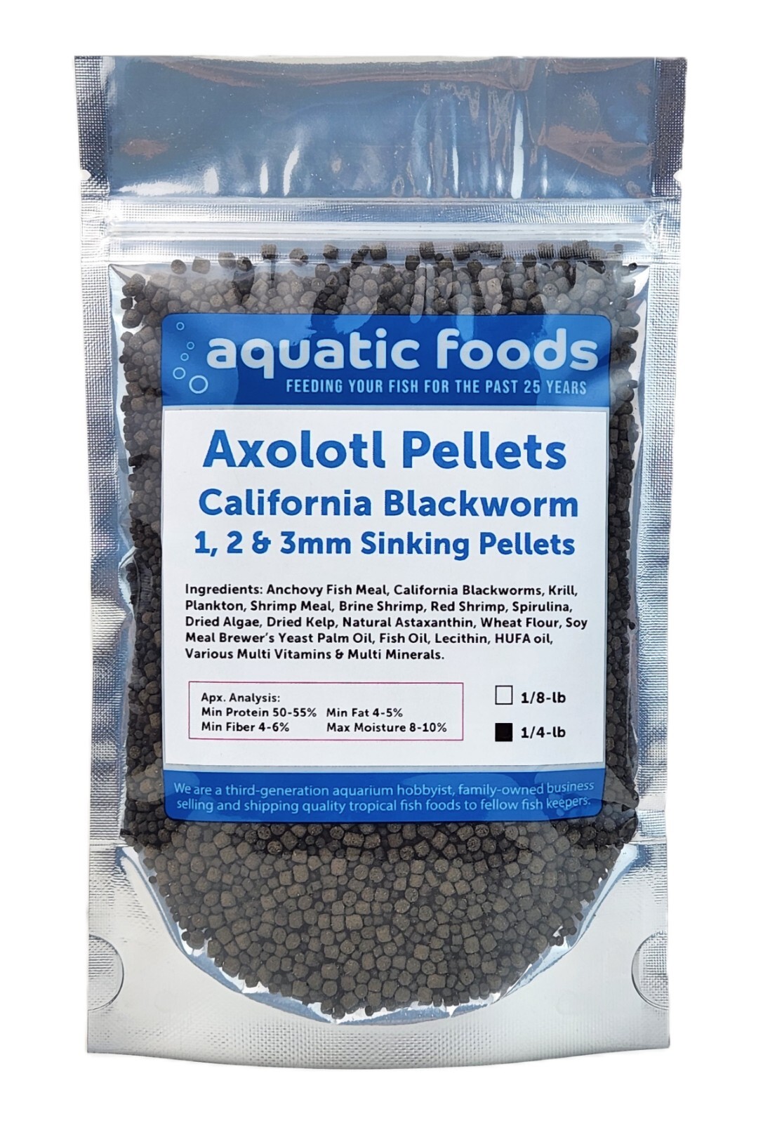 Axolotl Blackworm Pellets, California Blackworm 1, 2 & 3mm Sinking Pellet Mix