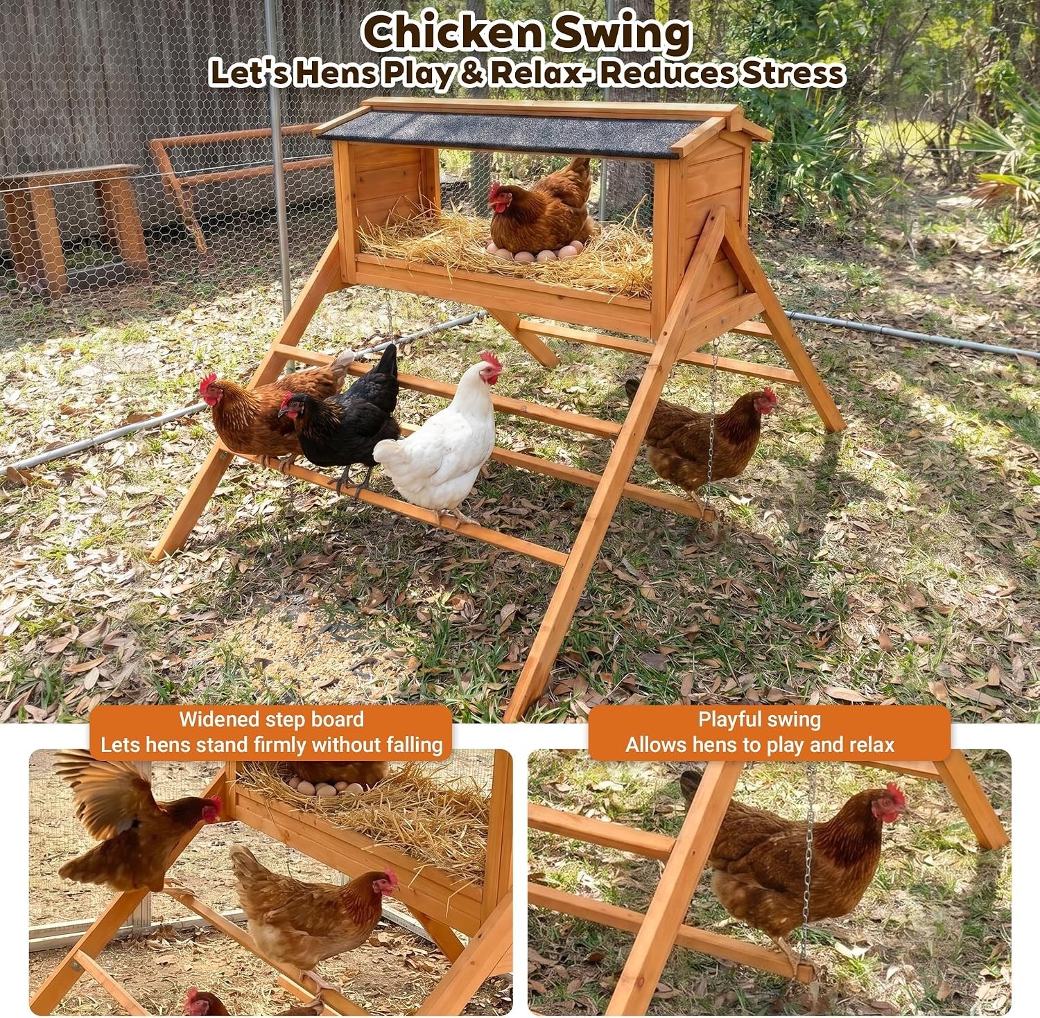 YZU 3-in-1 Wooden Chicken Coop Accessory Set Nesting Box Perch Swing 57x37x35