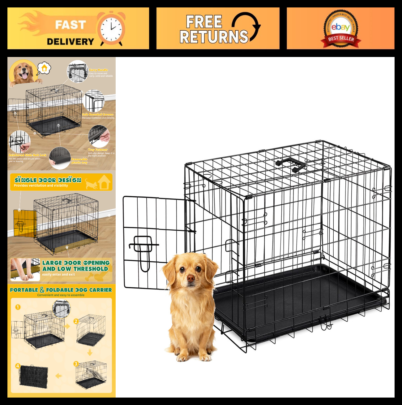 Portable 24″ Dog Crate – Metal Wire Puppy Cage with Secure Lock, Foldable Design