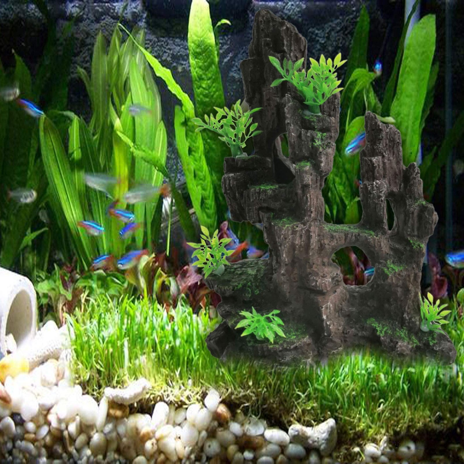 kathson Aquarium Mountain View Stone Resin Fish 8.0〞L x 4.3〞W x 10.4〞H, Green