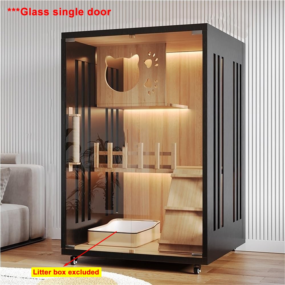 Cat Enclosure Villa Indoor Cat House W/ Glass Single Doors & Wheels 35.4″H