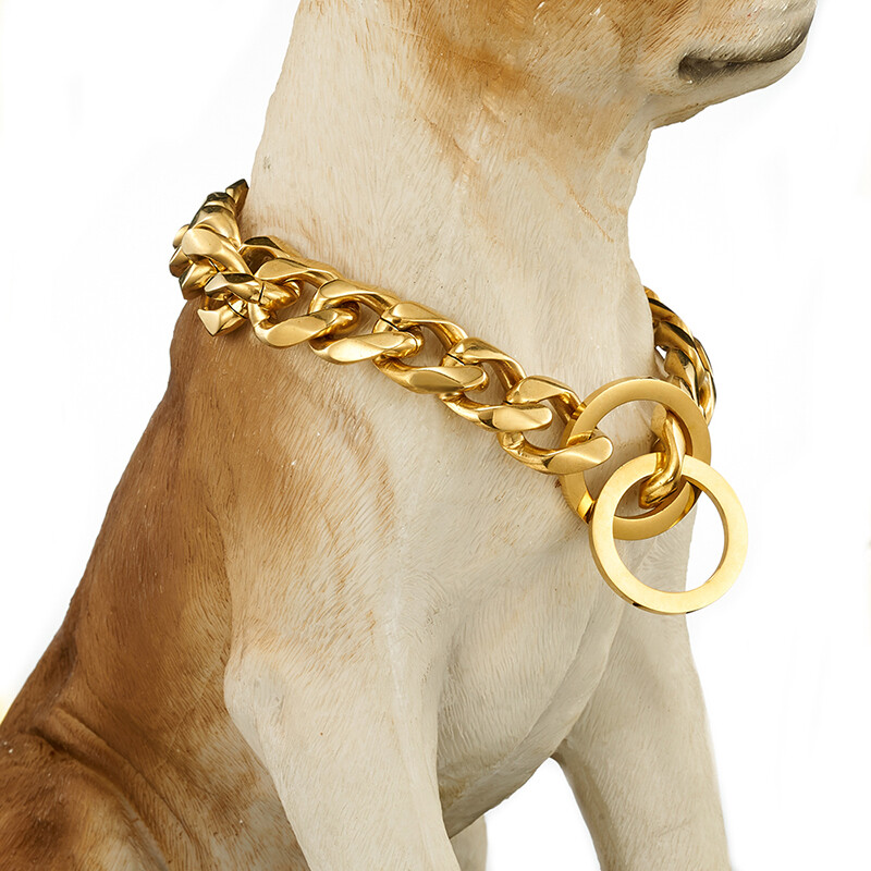 10/12/15/17/19mm Gold Curb Cuban Link Dog Chain Collar Stainless Steel 12″-32″