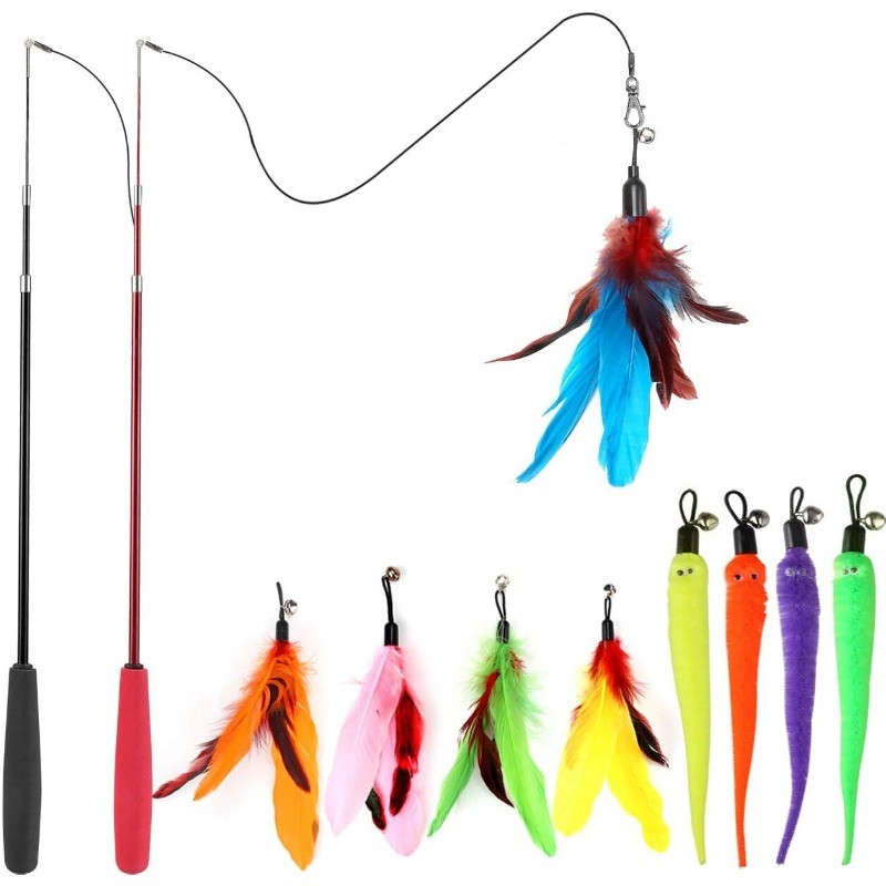 Interactive Cat Toys Retractable Wand Toy and Feather Toy Refills for Indoor Cat