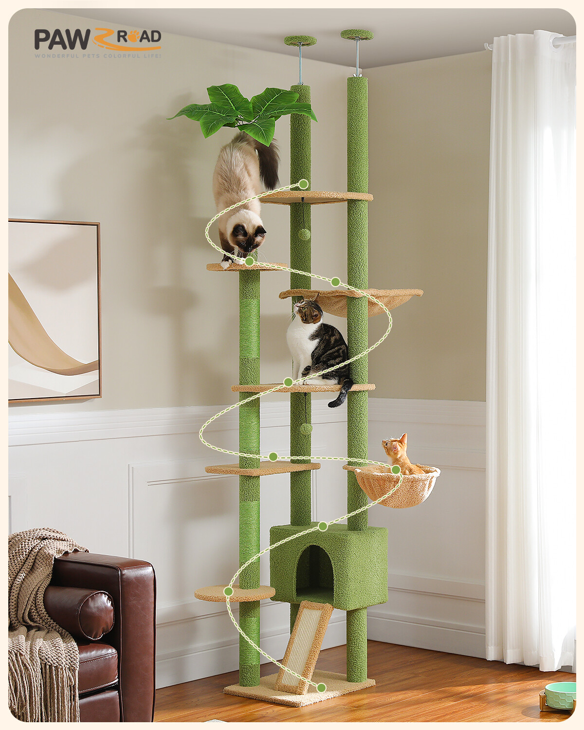 PAWZ Road Cat Tree Tower Floor to Ceiling High Cat Scratching Post Condo House