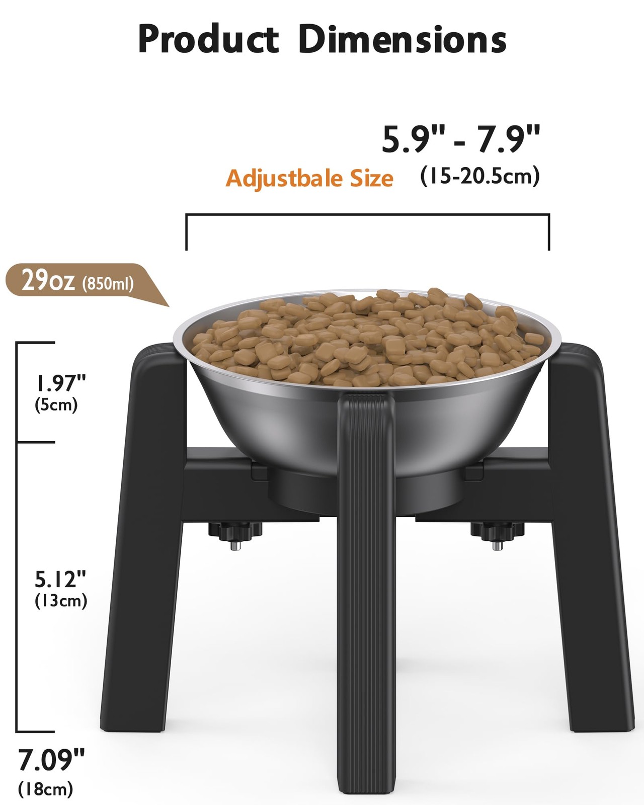 CZPET Elevated Dog Bowl, Raised Bowl Stand H: 6.3“; W: 6.1-10.4“, Black