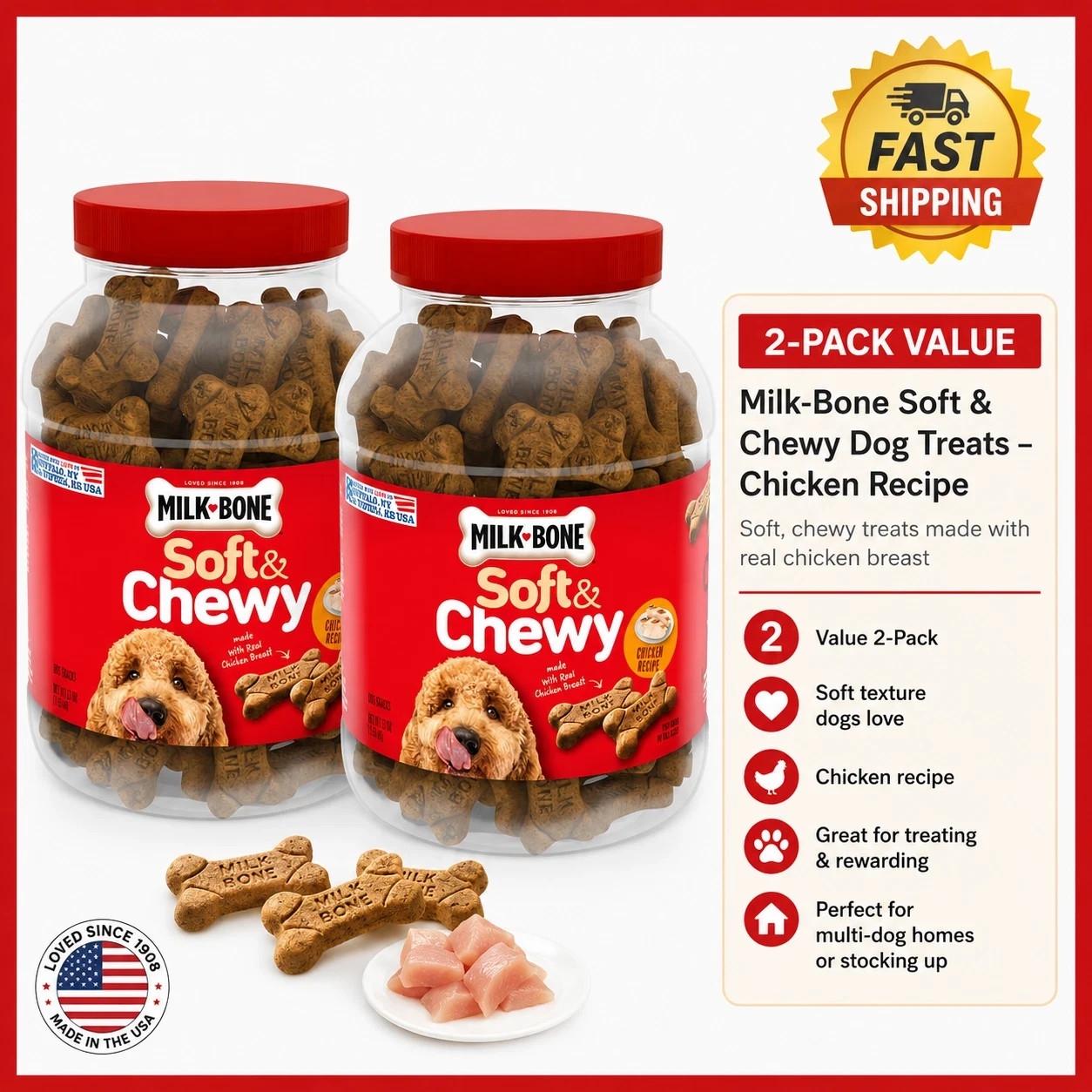 2 Pack Milk-Bone Soft + Chewy Dog Snacks, Chicken Recipe – 37 oz each