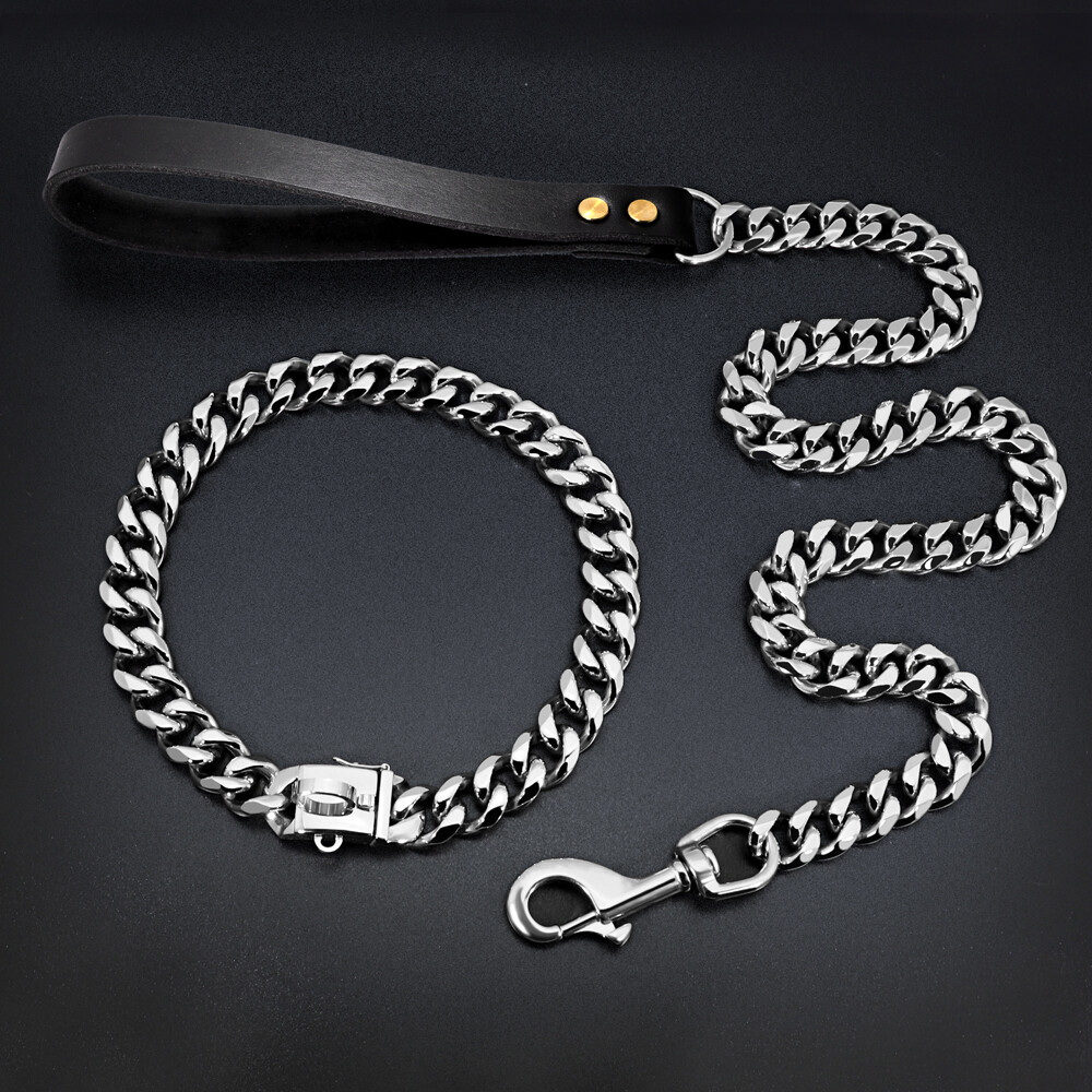 Dog Chain Collar & Leash Cuban Link Heavy Duty Stainless Steel Gold Silver 55cm