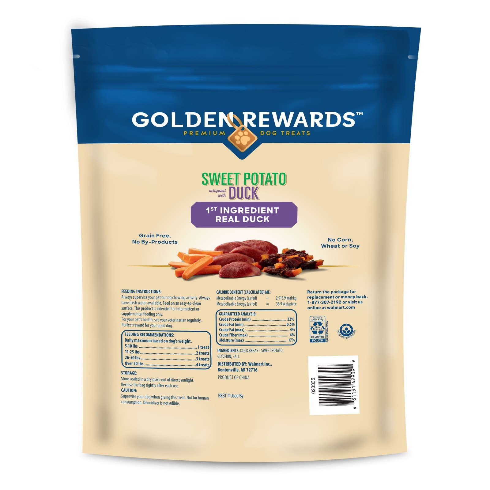 (4 pack) Golden Rewards Sweet Potato Wrapped w Duck Premium Treats for Dogs 16oz