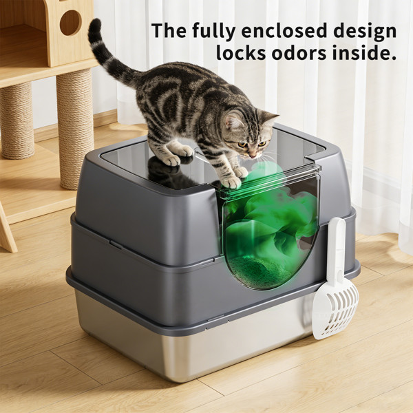 Galaxy Enclosed Gray Cat Litter Box Easy Clean Anti-Spill For Indoor Cats