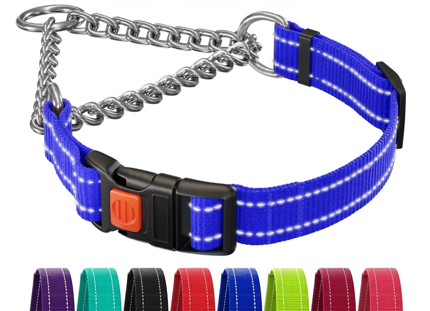 Martingale Dog Collar Reflective Blue w/ Stainless Chain Medium 14-17″