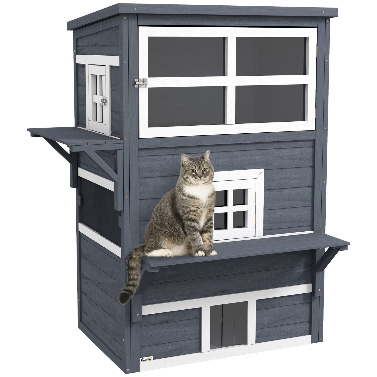 3-Story Cat House with Raised Floor, Escape Doors, Dark Gray
