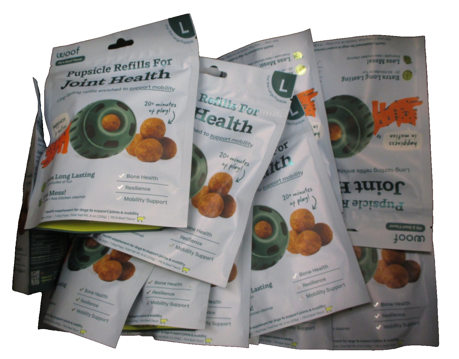 1 Case (24 Bags) Lot WOOF PB & Beef Flavor Pupsicle Refills Joint Health Dogs LG
