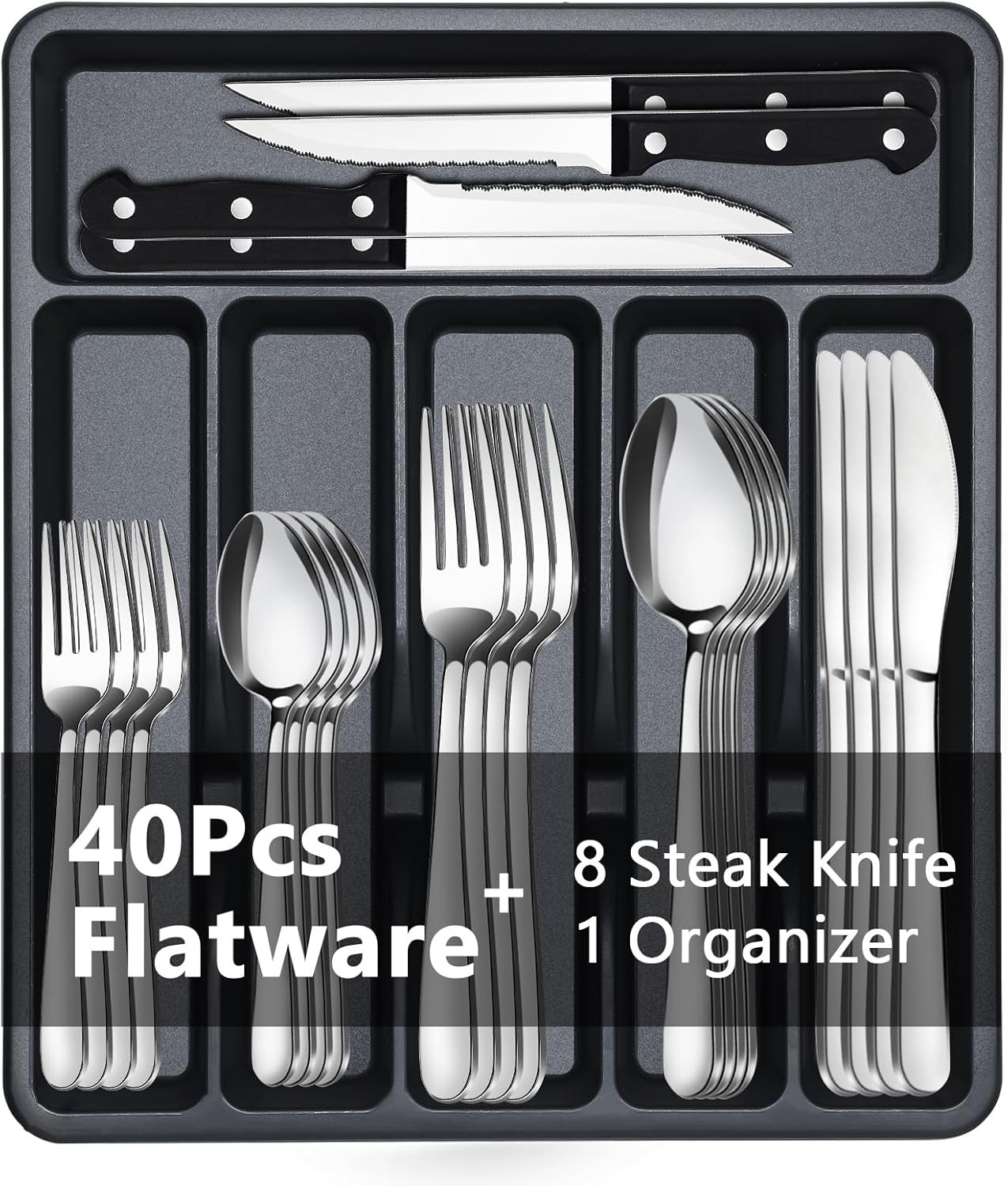49 PCS Silverware Set – Stainless Steel Silverware Set with Organizer for 8, Fla