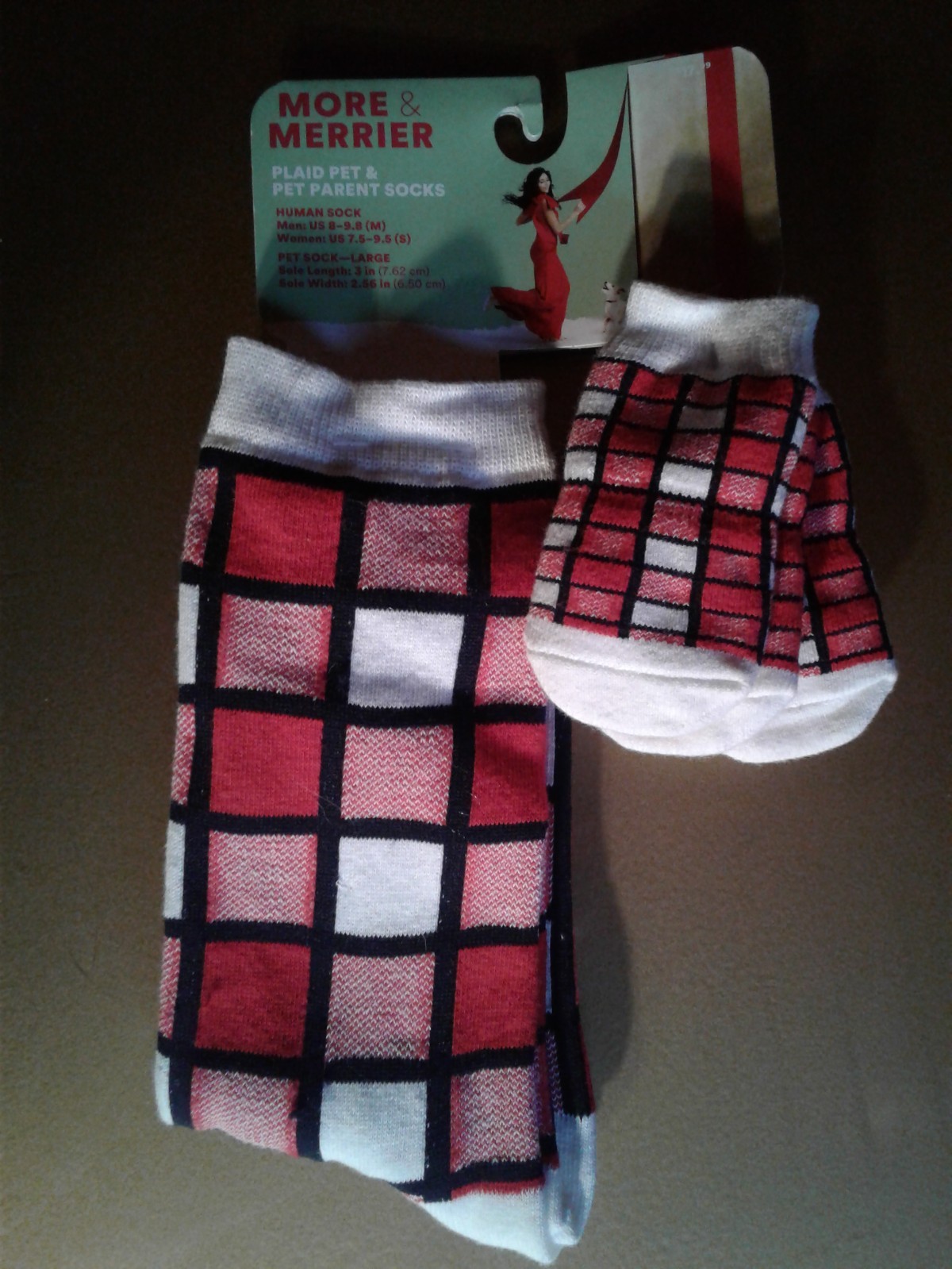 Socks matching human/pet womans 7.5-9.5 /pet large sole 3 ins long./2.56width
