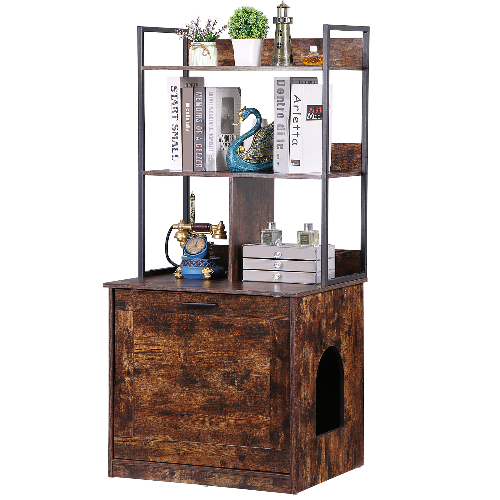 50″ Cat Litter Box Enclosure w/ Shelves 2-in-1 Hidden Litter Box Furniture Brown