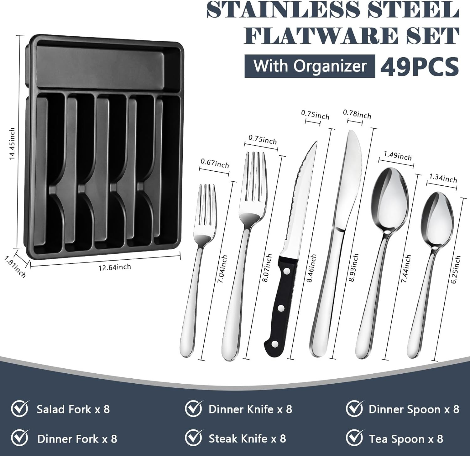 49 PCS Silverware Set – Stainless Steel Silverware Set with Organizer for 8, Fla