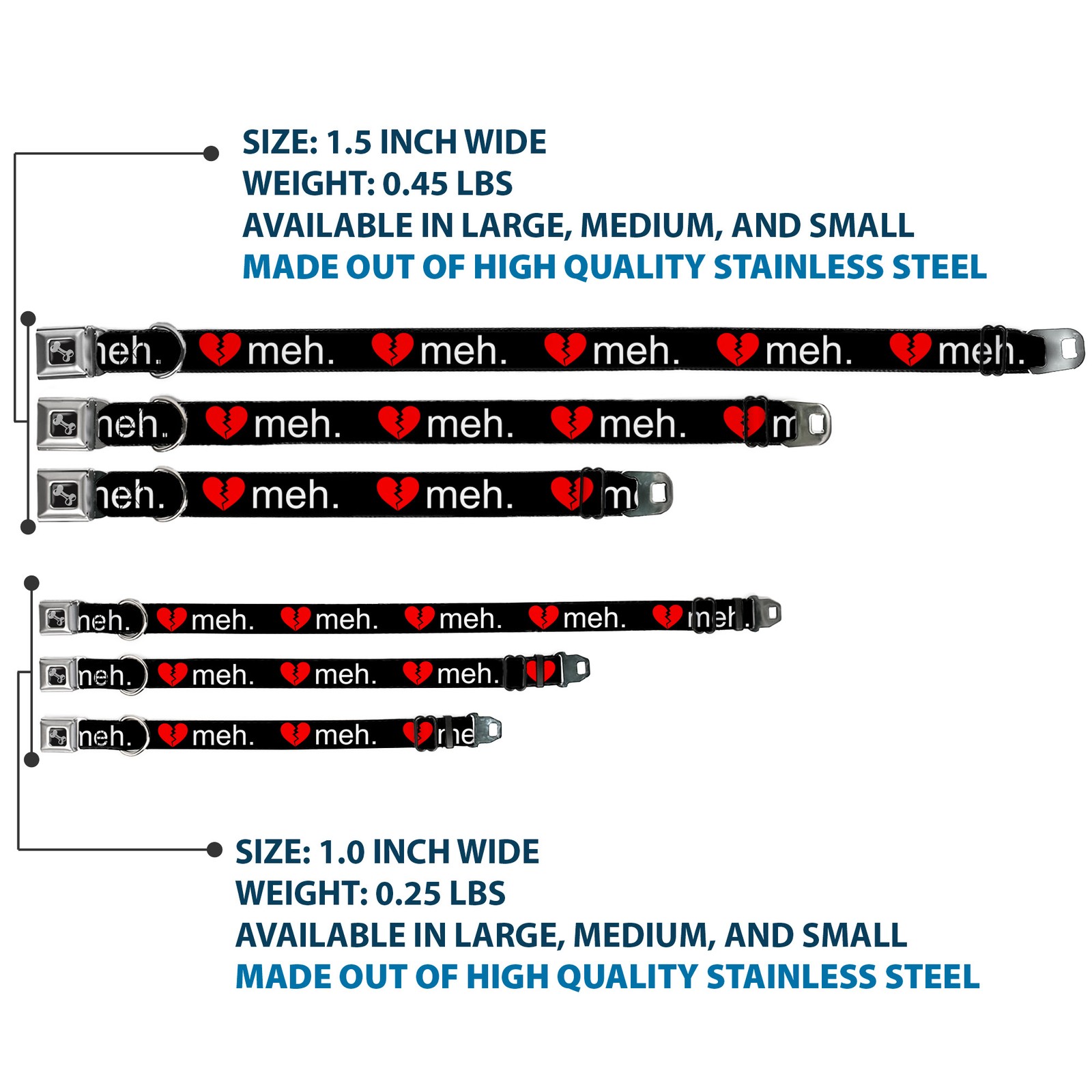Dog Collar Bone Broken Heart MEH Black/Red/White WIDE-Large 20-31″