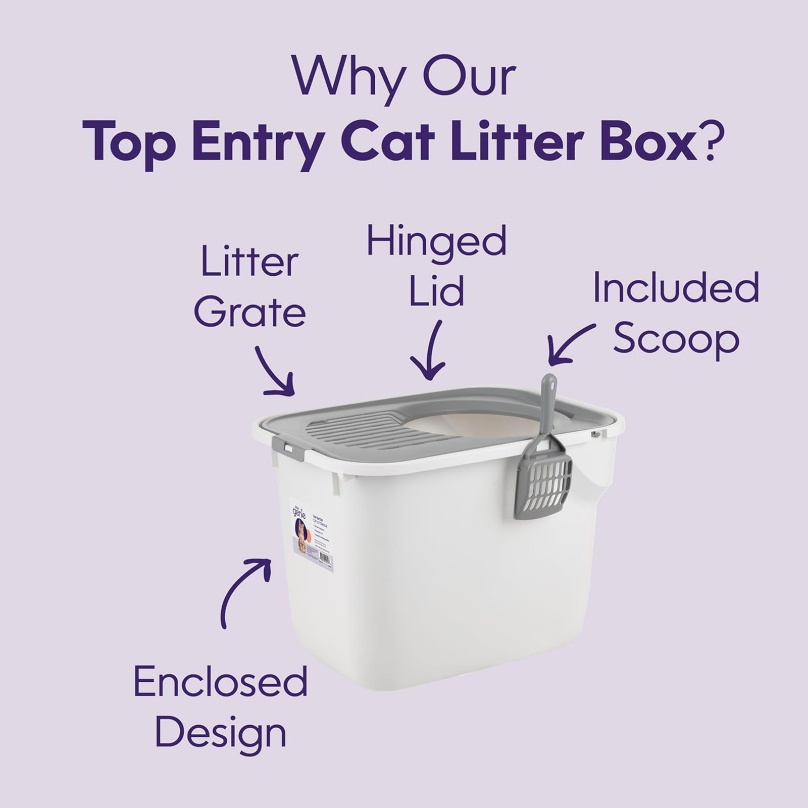 Litter Genie Large Cat Litter Box, Top Entry w/ Catching Lid & Scoop, White/Gray