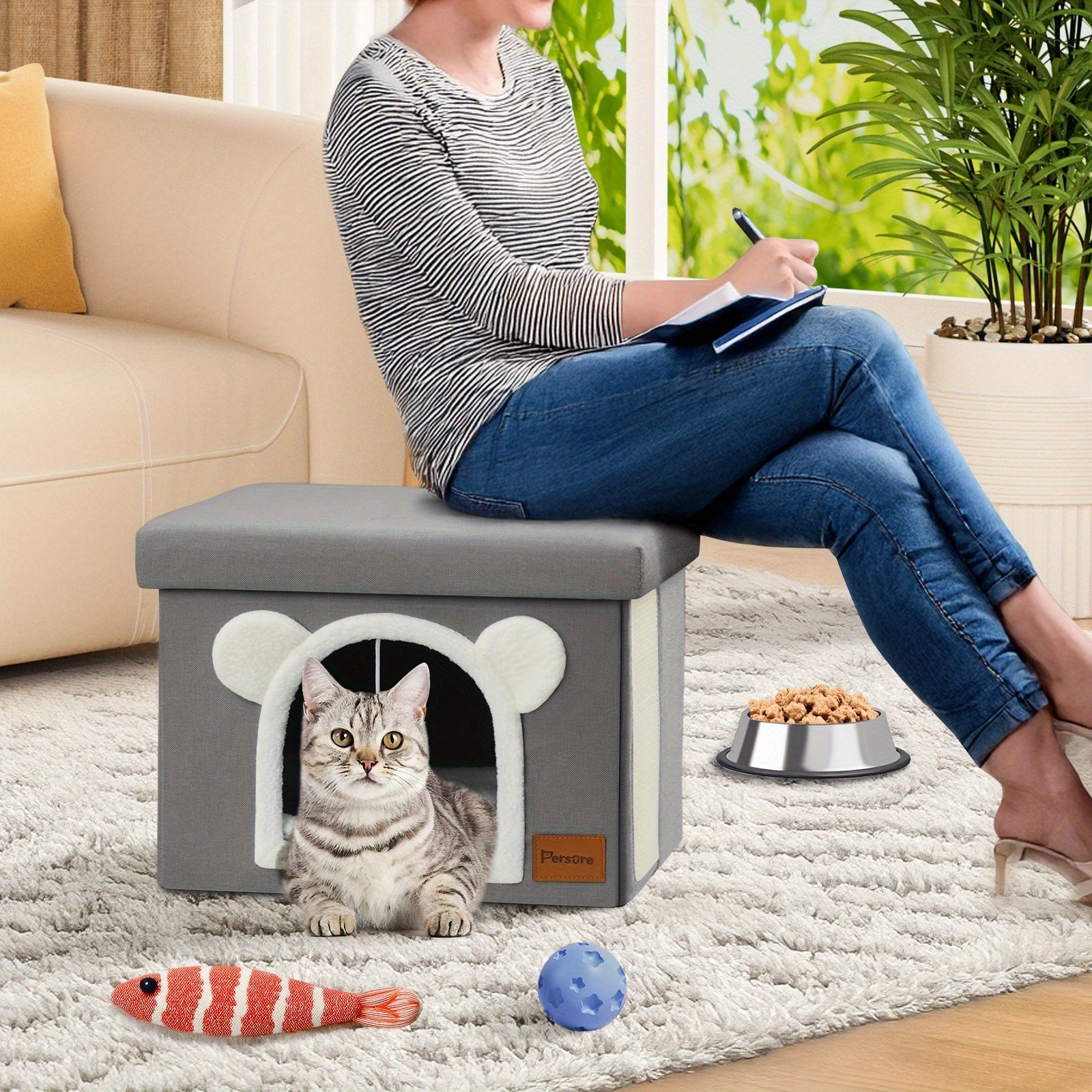 Interactive Indoor Cat Cube House With Lid Cute Cave Bed Condo Scratch Pad&Ball