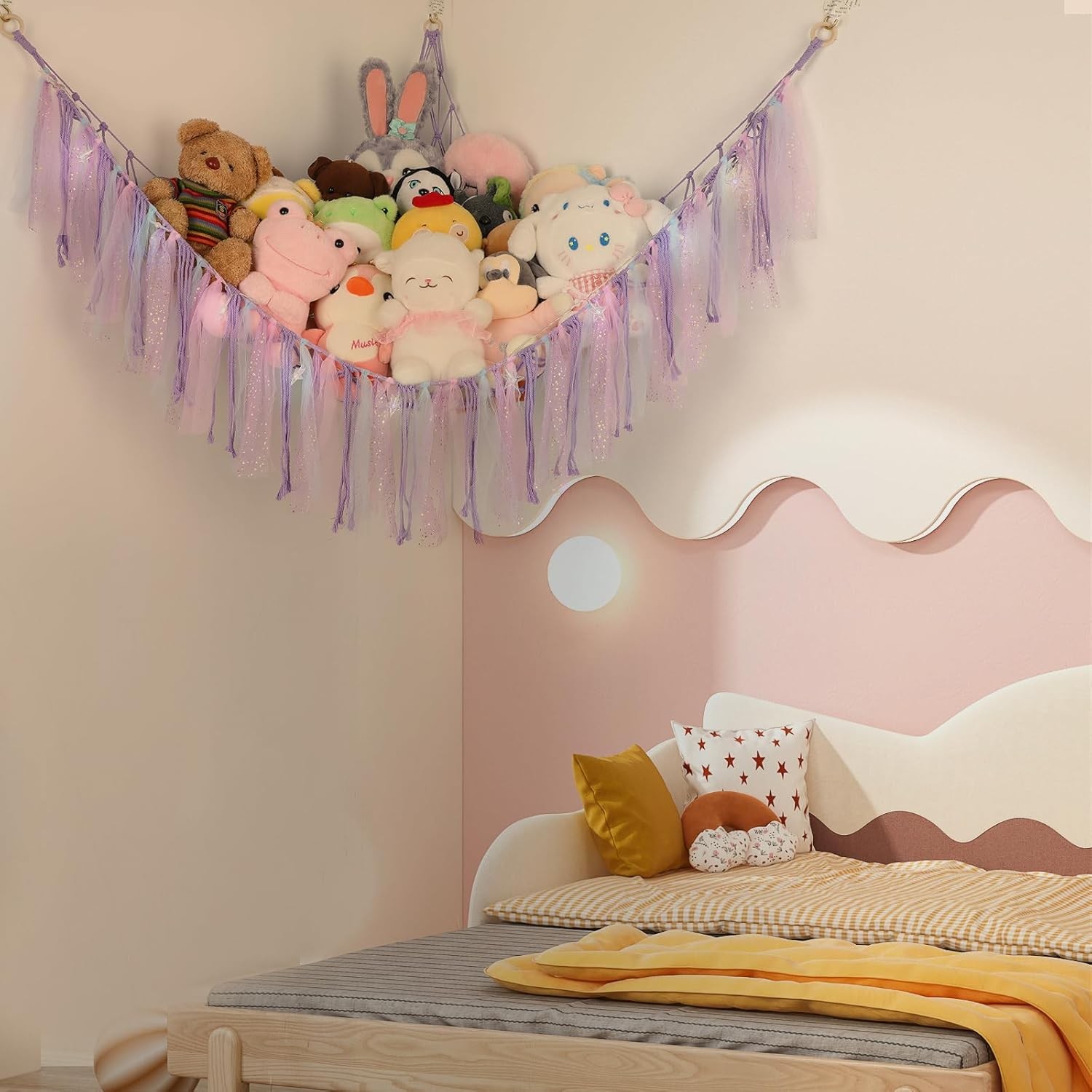 59 Inch Purple Stuffed Animal Hammock with LED Lights Wall Mount Storage Net