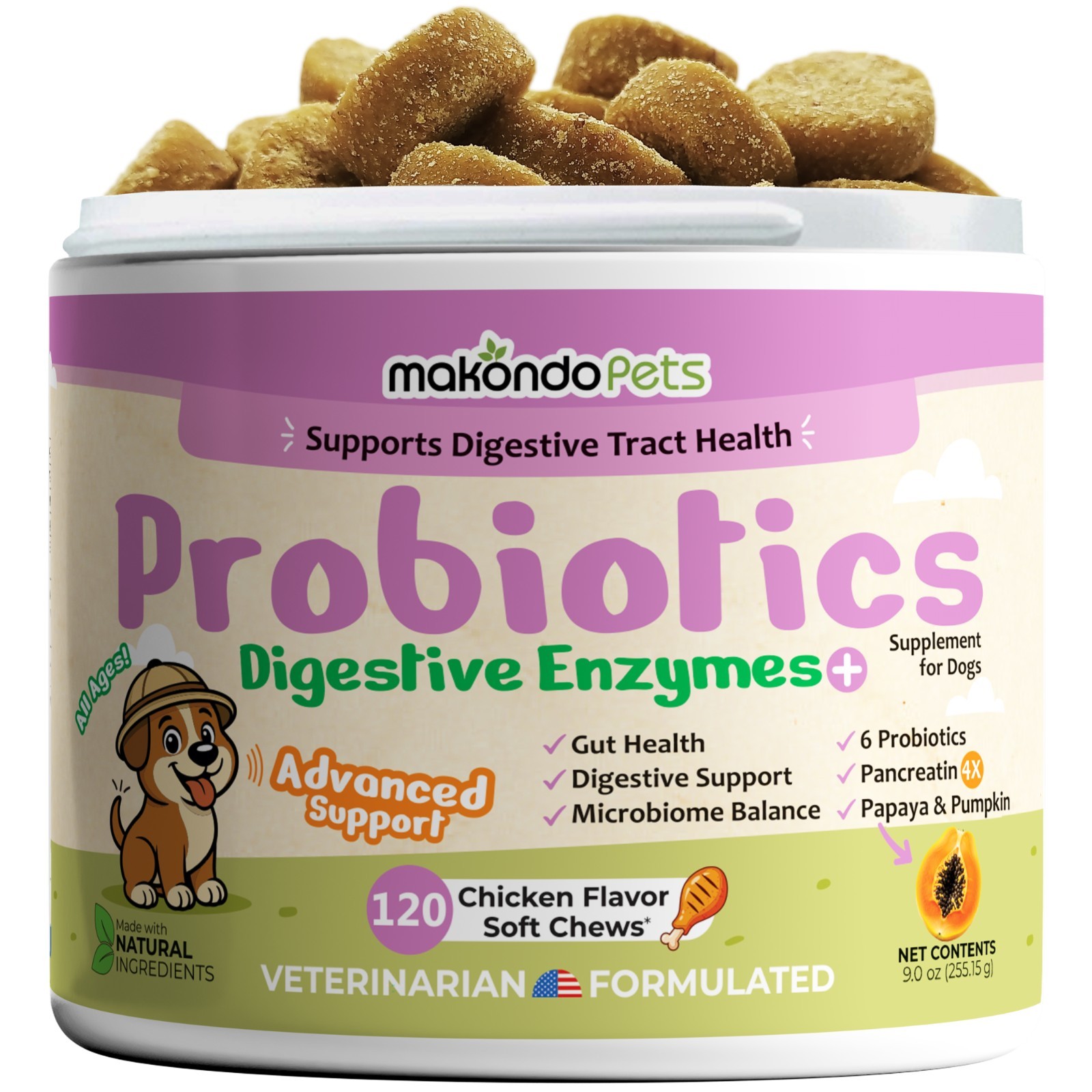 Dog Probiotics – 120 Soft Chews – Digestive Enzymes Supplement for Gut Health