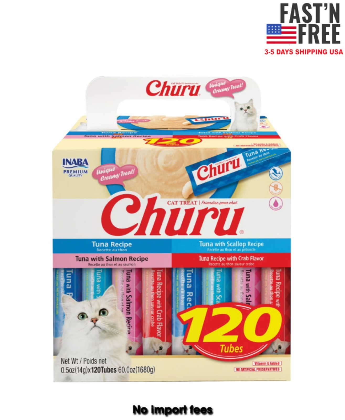 INABA Churu Cat Treats, Lickable, Squeezable Creamy Purée, 0.5 Oz 120 Tubes