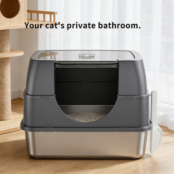 Galaxy Enclosed Gray Cat Litter Box Easy Clean Anti-Spill For Indoor Cats