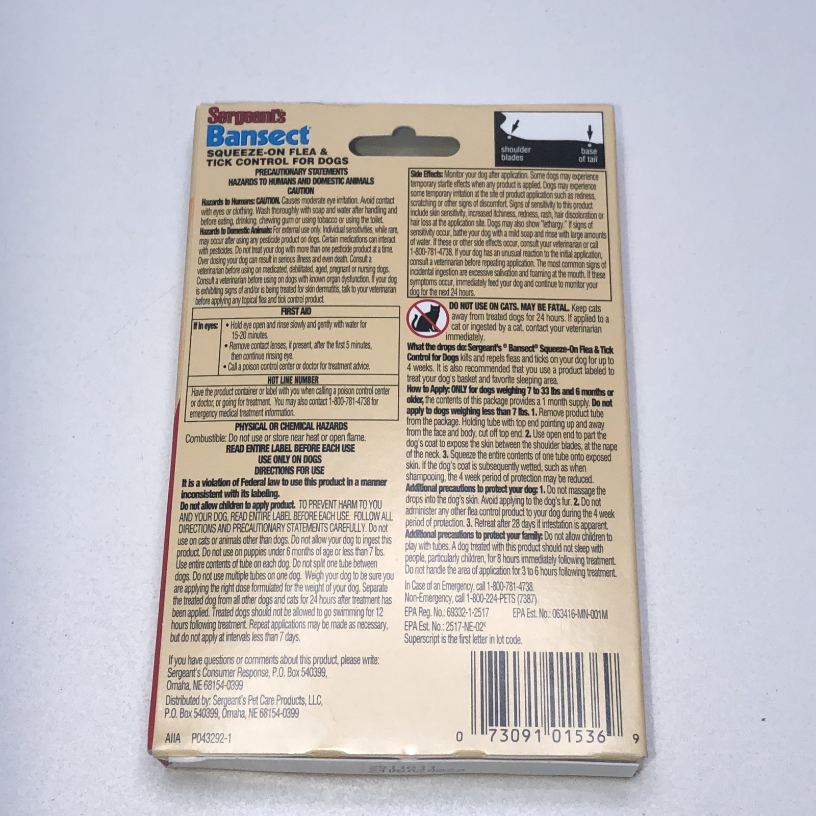 4 dog canine flea tick control Bansect squeeze on Sergeants 7 to 33 lbs