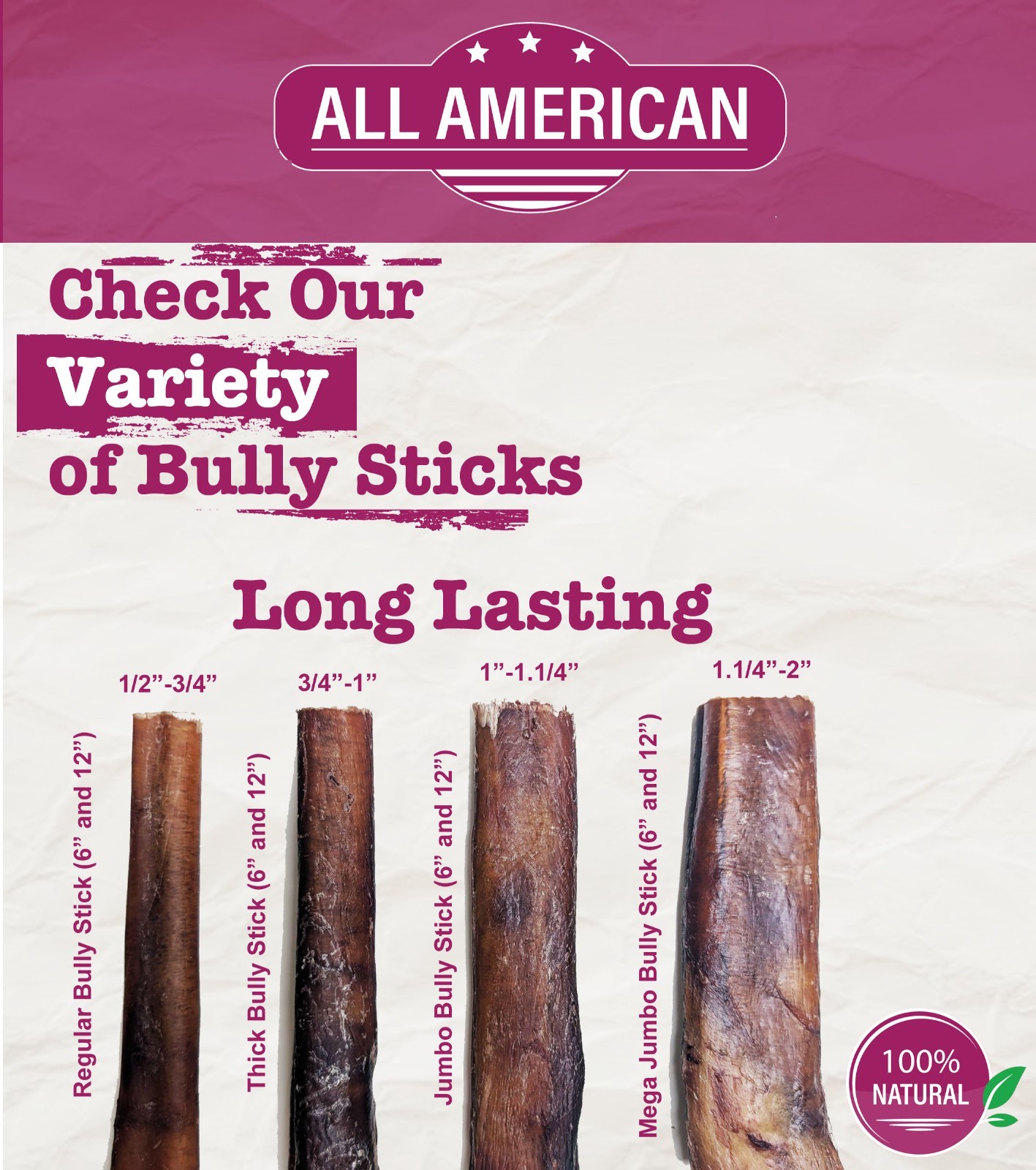 All American Bully Sticks Odor Free, Rawhide Alternative, Grass Fed, All Natural