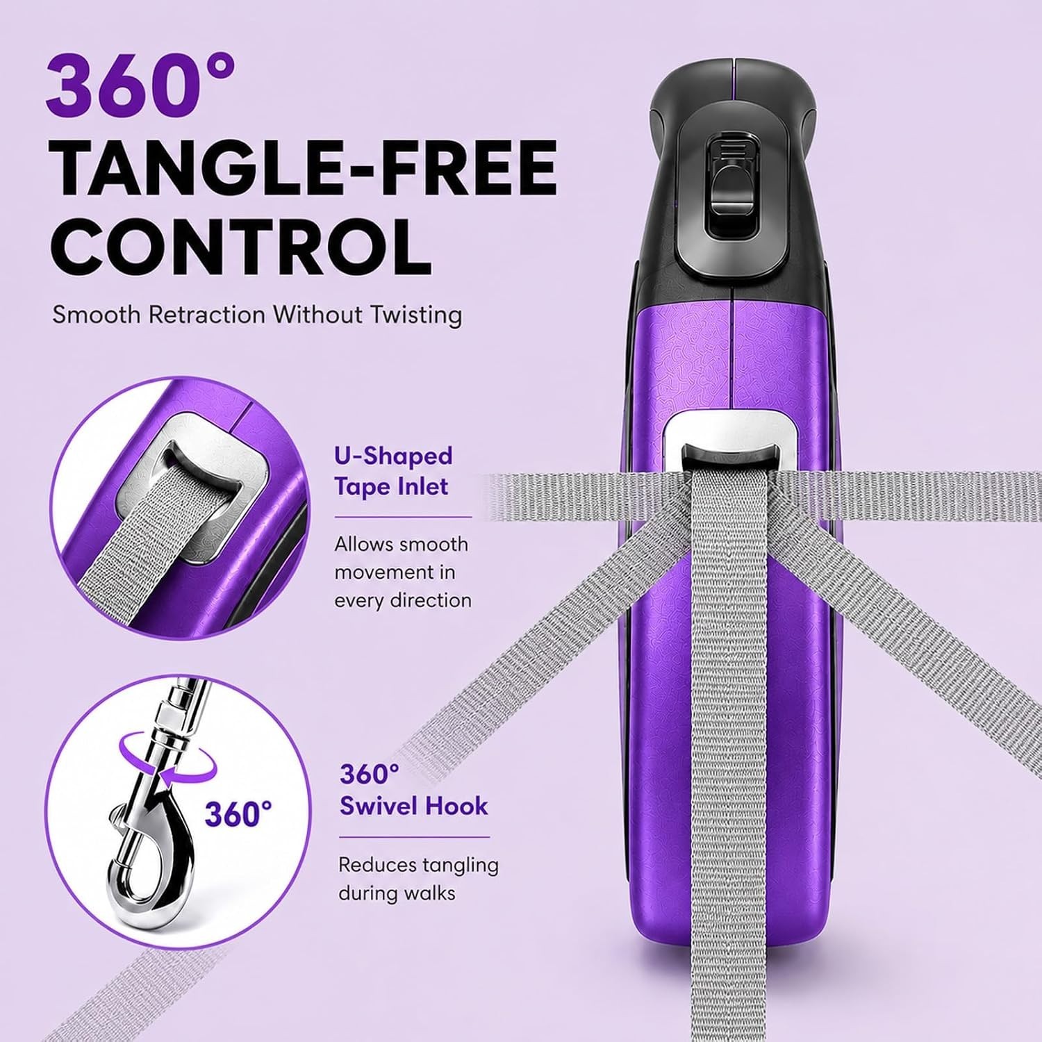 Durable Purple Retractable Dog Leash – 16ft for Small to Large Dogs, 45 lbs Max