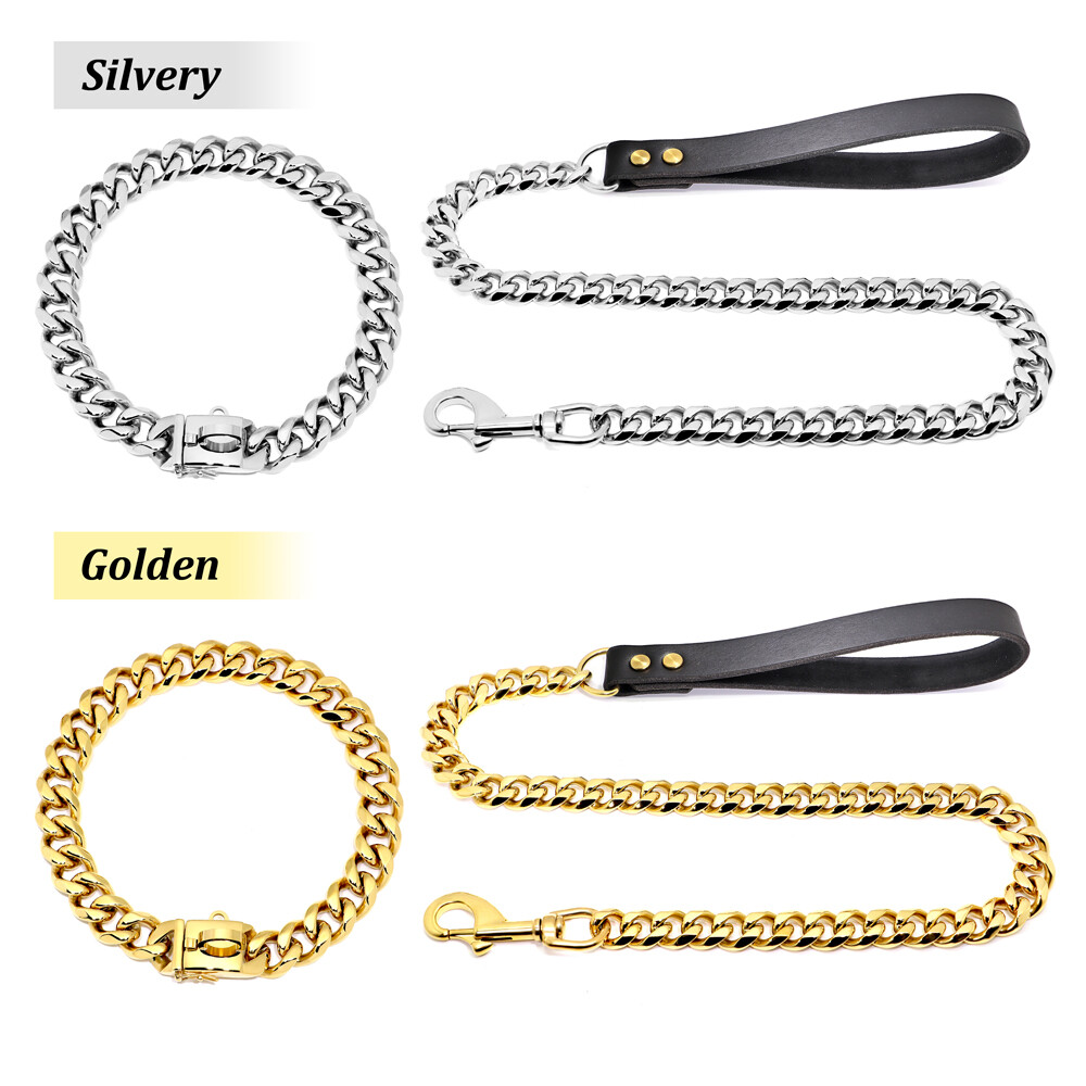 Dog Chain Collar & Leash Cuban Link Heavy Duty Stainless Steel Gold Silver 55cm