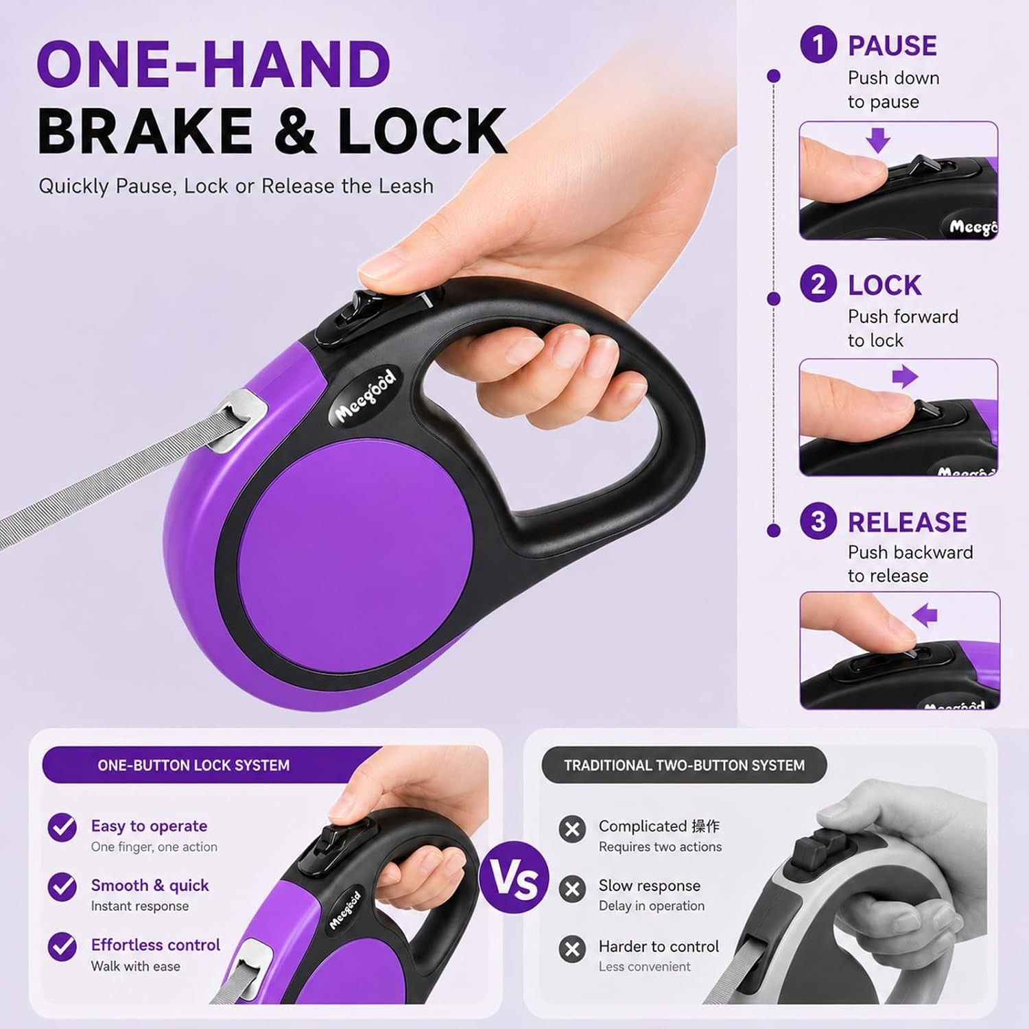 Durable Purple Retractable Dog Leash – 16ft for Small to Large Dogs, 45 lbs Max