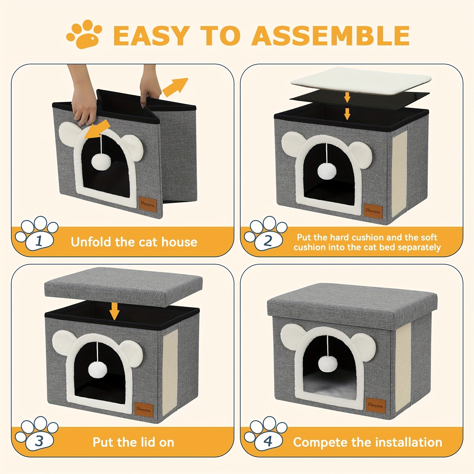 Interactive Indoor Cat Cube House With Lid Cute Cave Bed Condo Scratch Pad&Ball