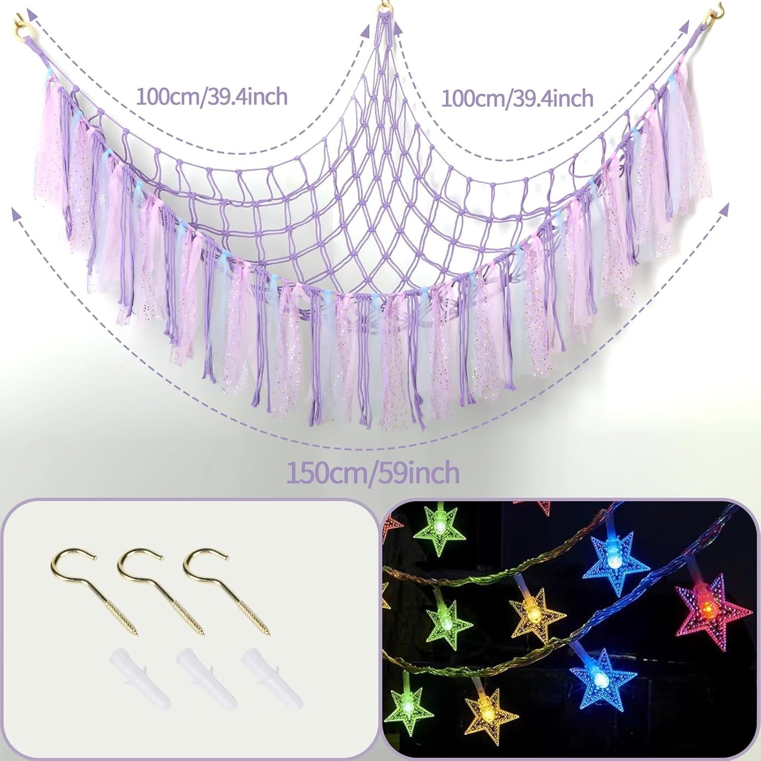 59 Inch Purple Stuffed Animal Hammock with LED Lights Wall Mount Storage Net