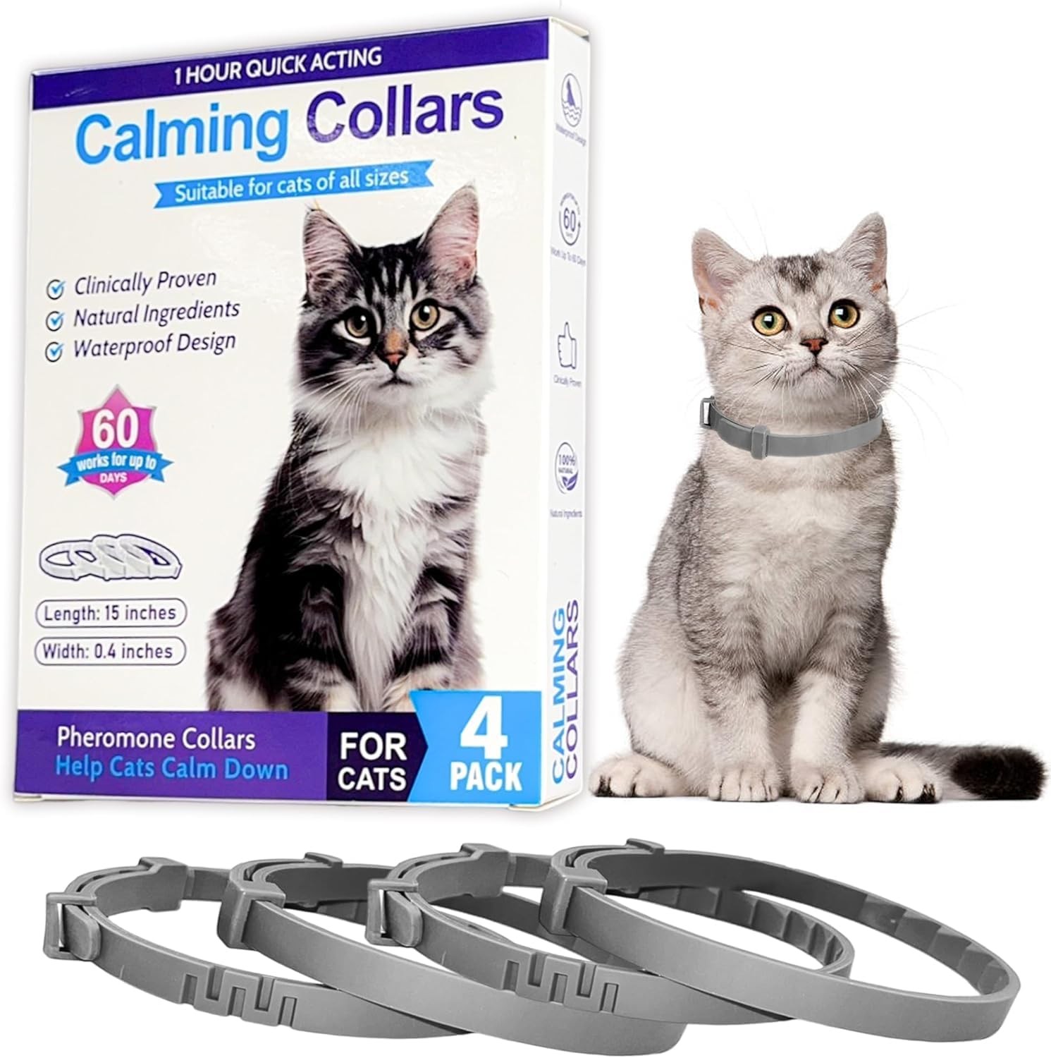 Minasuki 4 Pack Calming Collars for Cats – 60 Days Anxiety & Stress Grey