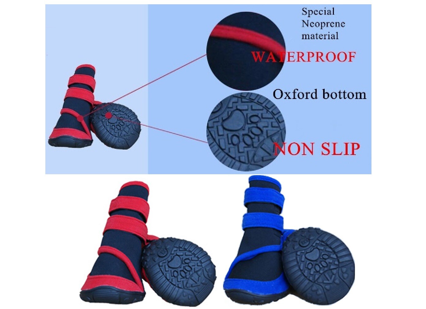 Dog Cat Shoes Waterproof XXS,XS,S,M,L,XL,XXL Boots Booties Paws Injury Red/Blue
