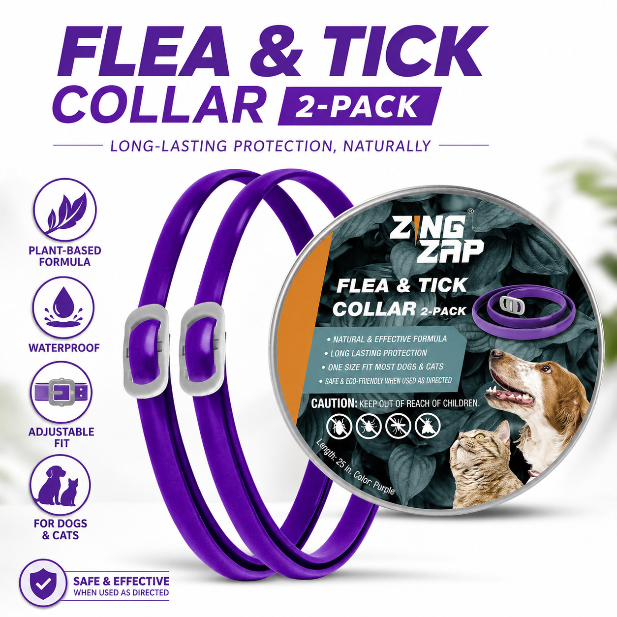 Flea Tick Collar 2 Pack Purple for Dogs Cats Plant Based Waterproof Adjustable