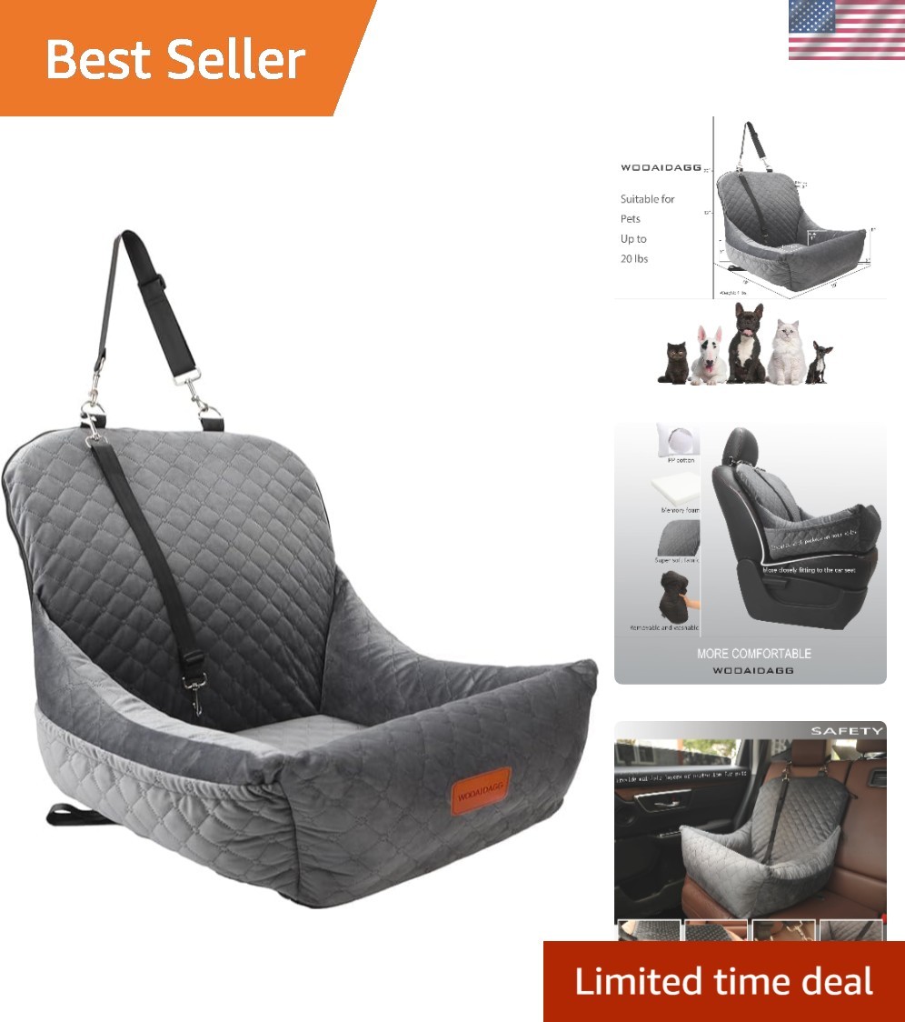 Portable Grey Dog Car Seat for Small Breeds – Safety Leashes & Storage Pockets