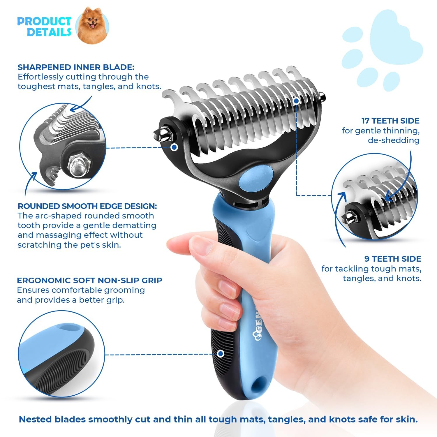 Undercoat Rake for Dogs & Cats, Dematting Comb with Extra Wide Double-Sided S…