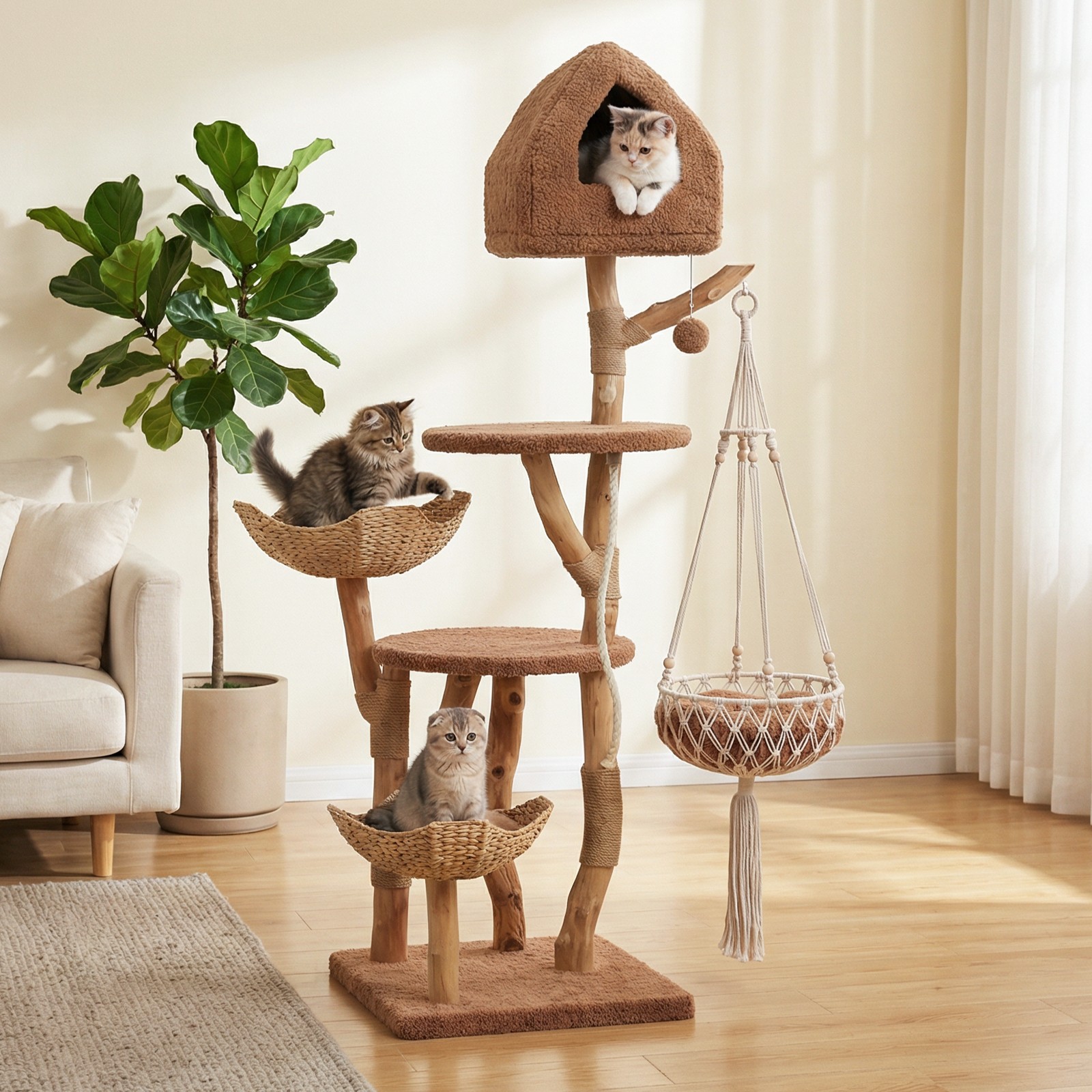 PAWZ Road Solid Wood Cat Tree Tower Scratching Post Scratcher Cat Condo House