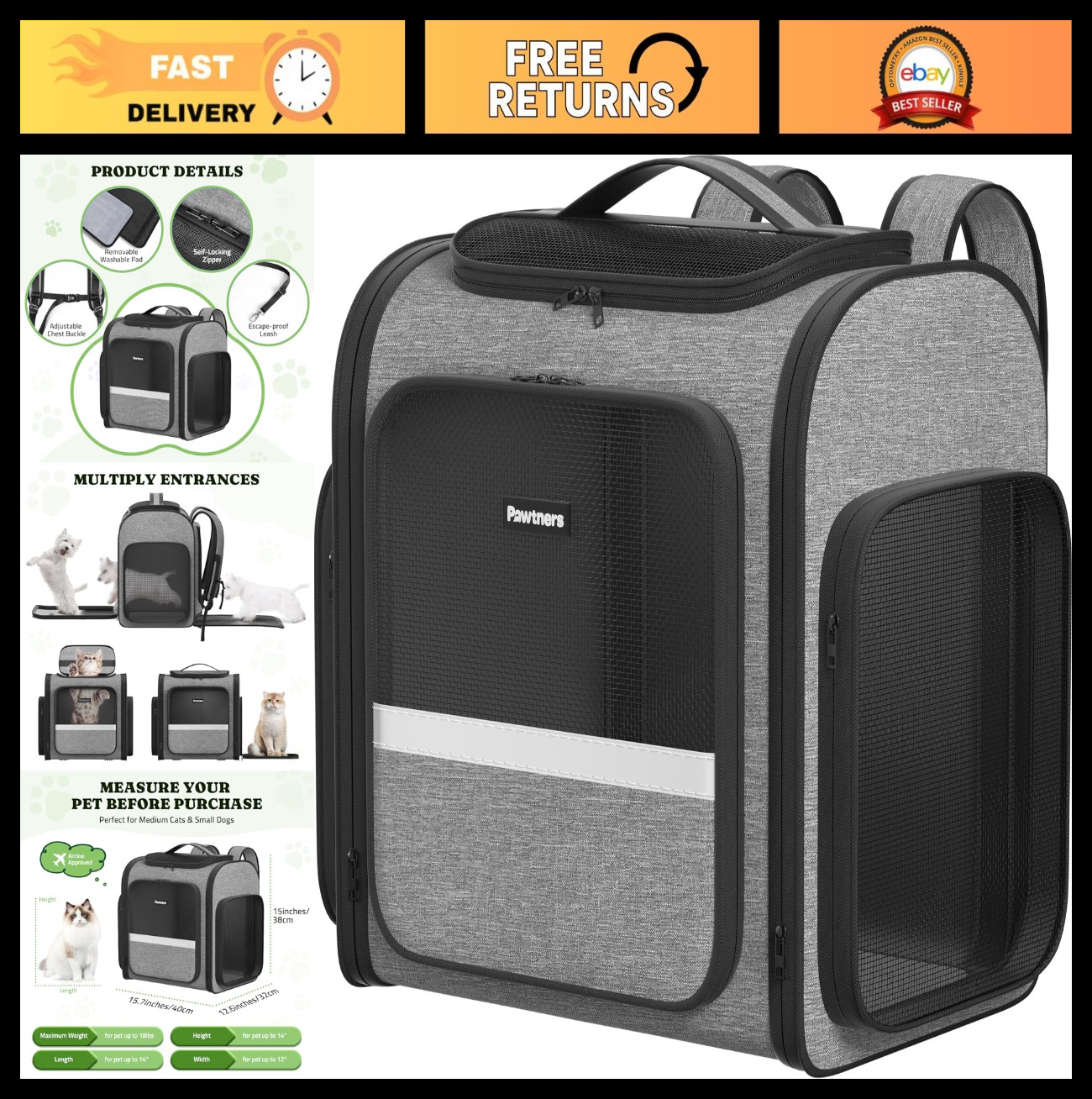 Large Pet Backpack Carrier for Dogs & Cats up to 18 lbs – Breathable, Ventilated
