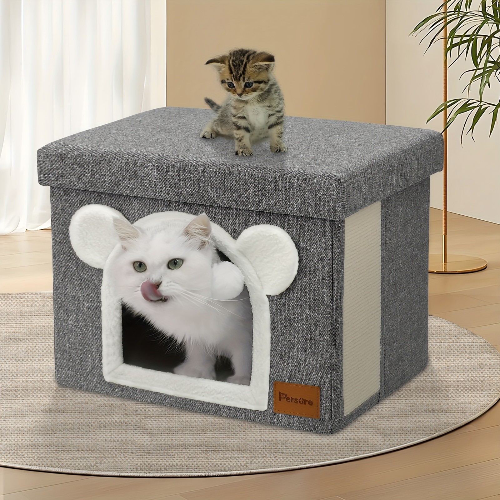 Interactive Indoor Cat Cube House With Lid Cute Cave Bed Condo Scratch Pad&Ball